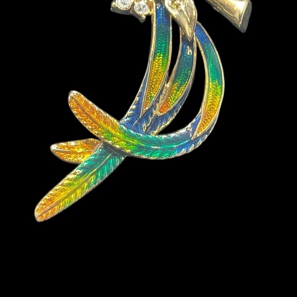 Hummingbird brooch, pin large, vibrant, colorful, feathers, enamel, rhinestones - Picture 5 of 9